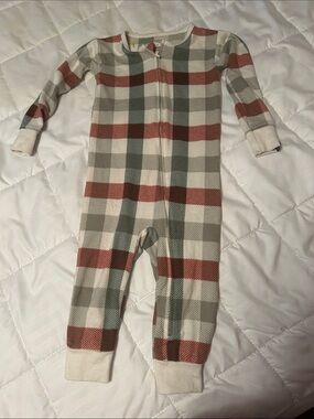 Plaid Zip-Up Footie One-Piece in Cream, Rust & Green
